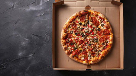 delicious pizza in a cardboard box on a dark chalkboard, creating an appetizing top viewの素材