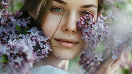 young woman holding lilac flowers, showcasing the connection between feminine grace and floral beauty.の素材