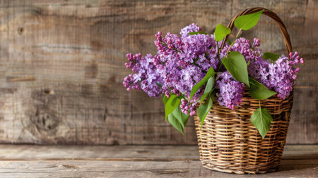 Showcase freshly cut flowers of lilac in a wicker basket, capturing the beauty of garden-to-basket freshness.の素材