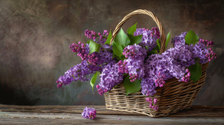 Showcase freshly cut flowers of lilac in a wicker basket, capturing the beauty of garden-to-basket freshness.の素材