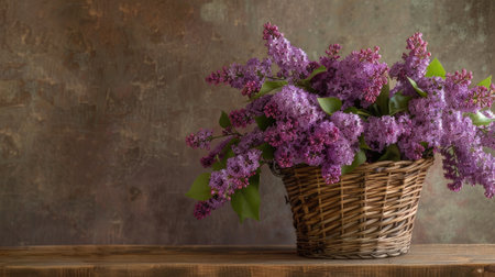 Showcase freshly cut flowers of lilac in a wicker basket, capturing the beauty of garden-to-basket freshness.の素材