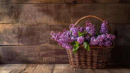 Showcase freshly cut flowers of lilac in a wicker basket, capturing the beauty of garden-to-basket freshness.の素材