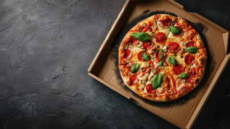 delicious pizza in a cardboard box on a dark chalkboard, creating an appetizing top viewの素材