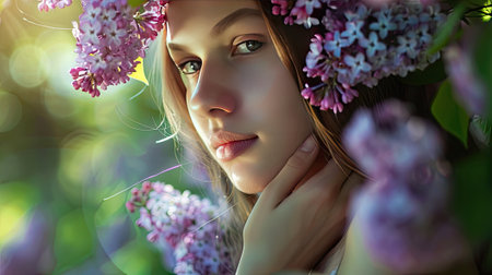 young woman holding lilac flowers, showcasing the connection between feminine grace and floral beauty.の素材