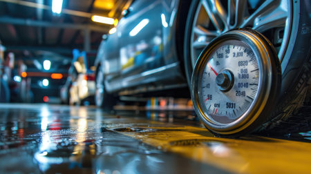 diligence of pressure check in tires, inflating air into a car wheel.の素材