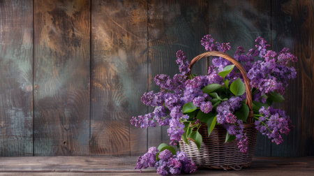 Showcase freshly cut flowers of lilac in a wicker basket, capturing the beauty of garden-to-basket freshness.の素材