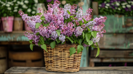Showcase freshly cut flowers of lilac in a wicker basket, capturing the beauty of garden-to-basket freshness.の素材