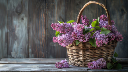 Showcase freshly cut flowers of lilac in a wicker basket, capturing the beauty of garden-to-basket freshness.の素材