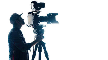 camera operator isolated on white, with intense focus on the screen.の素材