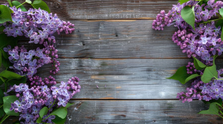 beautiful lilac on a wooden background.の素材
