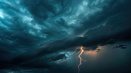 dramatic moment of a lightning strike across the dark cloudy sky.の素材