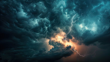 dramatic moment of a lightning strike across the dark cloudy sky.の素材