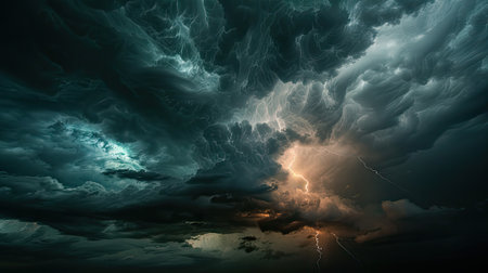 dramatic moment of a lightning strike across the dark cloudy sky.の素材