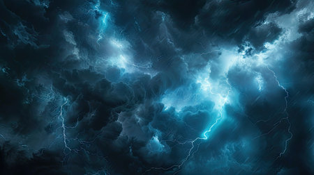 dramatic moment of a lightning strike across the dark cloudy sky.の素材