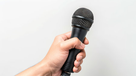 hand holding a handheld microphone for interviews, isolated on white.の素材
