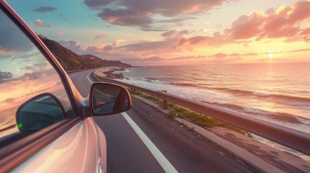 car's side view on the highway along the sea coast.の素材