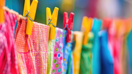 close-up of colorful laundry pins and hung clothes drying.の素材