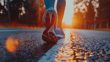 athlete runner feet on the road at sunriseの素材