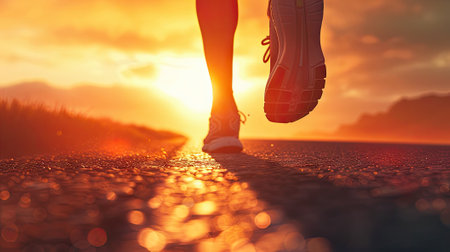 athlete runner feet on the road at sunriseの素材