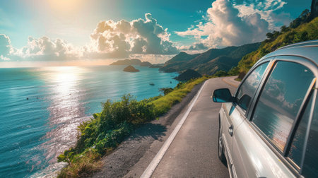 car's side view on the highway along the sea coast.の素材