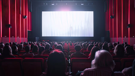 magic with a white screen in a cinema, spectators engrossed in film watching.の素材