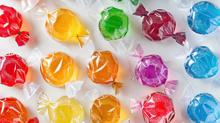 assorted colorful candies in plastic wraps, isolated on a white background.の素材