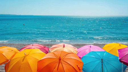 colorful umbrellas on the beach, creating a lively scene on a sunny summer dayの素材