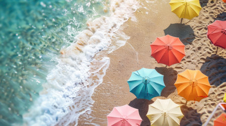 colorful umbrellas on the beach, creating a lively scene on a sunny summer dayの素材