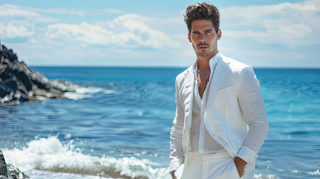 handsome man in white clothes, posing in picturesque seascapes.の素材