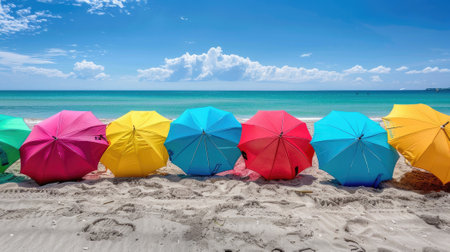 colorful umbrellas on the beach, creating a lively scene on a sunny summer dayの素材