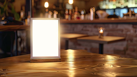 mock-up stick blank frame menu in a restaurant bar, featuring a booklet stand with a white sheet on a wooden table.の素材