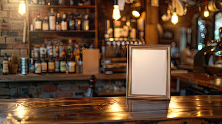 mock-up stick blank frame menu in a restaurant bar, featuring a booklet stand with a white sheet on a wooden table.の素材