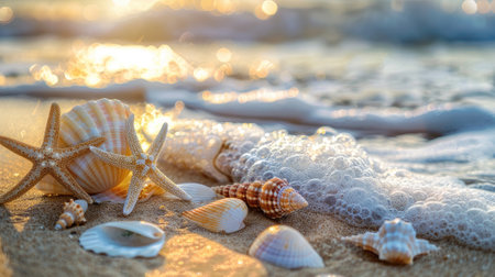 featuring shells and starfish on a sandy beach.の素材