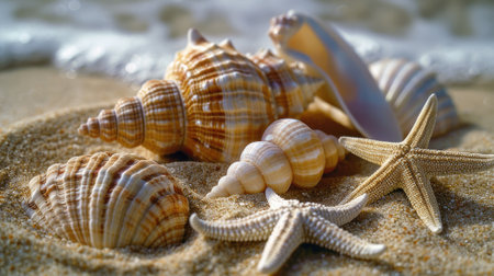 featuring shells and starfish on a sandy beach.の素材