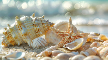 featuring shells and starfish on a sandy beach.の素材