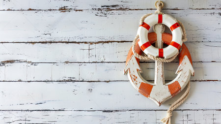 an anchor and lifebuoy on a white wood tableの素材