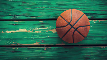Basketball model over green wooden background, creating a sporty scene that represents the competitive spirit of a miniature basketball match.の素材