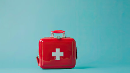Red first aid bag suitcase toy on a trendy background with copy space, emphasizing the importance of health and safety in a playful way.の素材