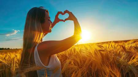 A woman stands in a vast golden wheat field, forming a heart symbol with her hands against the vibrant blue skyの素材