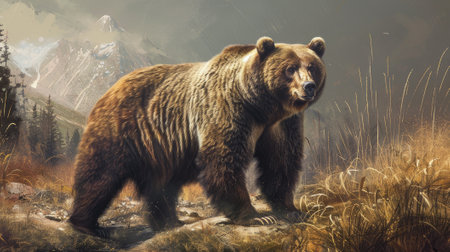 Majestic grizzly bear stands tall, forepaw with sharp claws extended, carefully observing its surroundings. Captures the power and natural beauty of North American wildlife in its habitatの素材