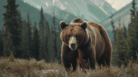 Majestic grizzly bear stands tall, forepaw with sharp claws extended, carefully observing its surroundings. Captures the power and natural beauty of North American wildlife in its habitatの素材
