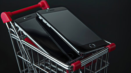 Three sleek black smartphones arranged in a shopping cart, highlighting the convenience of online shopping for modern technology. Perfect for e-commerce and mobile retail conceptsの素材