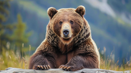 Majestic grizzly bear stands tall, forepaw with sharp claws extended, carefully observing its surroundings. Captures the power and natural beauty of North American wildlife in its habitatの素材