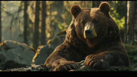 Majestic grizzly bear stands tall, forepaw with sharp claws extended, carefully observing its surroundings. Captures the power and natural beauty of North American wildlife in its habitatの素材