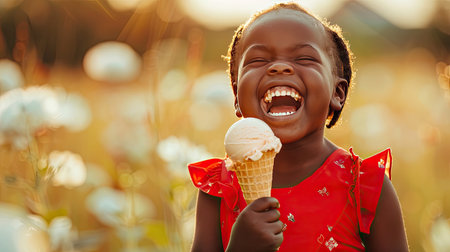 A joyful black child in a vibrant red dress laughs while savoring a melting ice cream in a waffle cone on a hot summer day. Captures the carefree happiness of childhood in the warmth of summerの素材