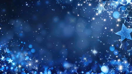 Blue background frame adorned with stars and sparkles, providing an stylish artistic and festive backdrop. Ideal for invitations, celebrations, and creative layouts with ample copy spaceの素材