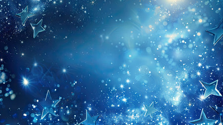 Blue background frame adorned with stars and sparkles, providing an stylish artistic and festive backdrop. Ideal for invitations, celebrations, and creative layouts with ample copy spaceの素材