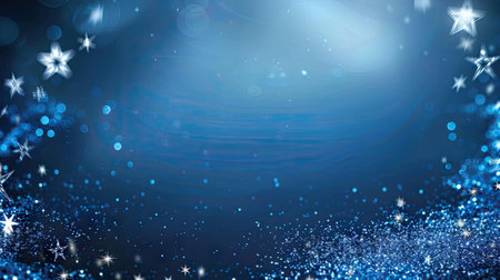 Blue background frame adorned with stars and sparkles, providing an stylish artistic and festive backdrop. Ideal for invitations, celebrations, and creative layouts with ample copy spaceの素材