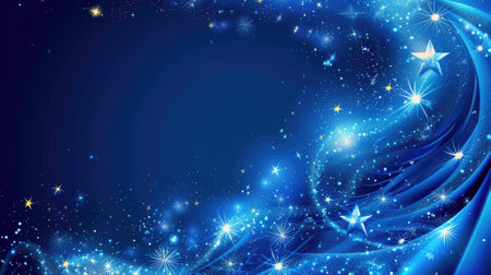 Blue background frame adorned with stars and sparkles, providing an stylish artistic and festive backdrop. Ideal for invitations, celebrations, and creative layouts with ample copy spaceの素材