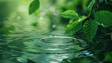 Captivating green leaves floating on a serene water surface, creating a beautiful ripple background.の素材